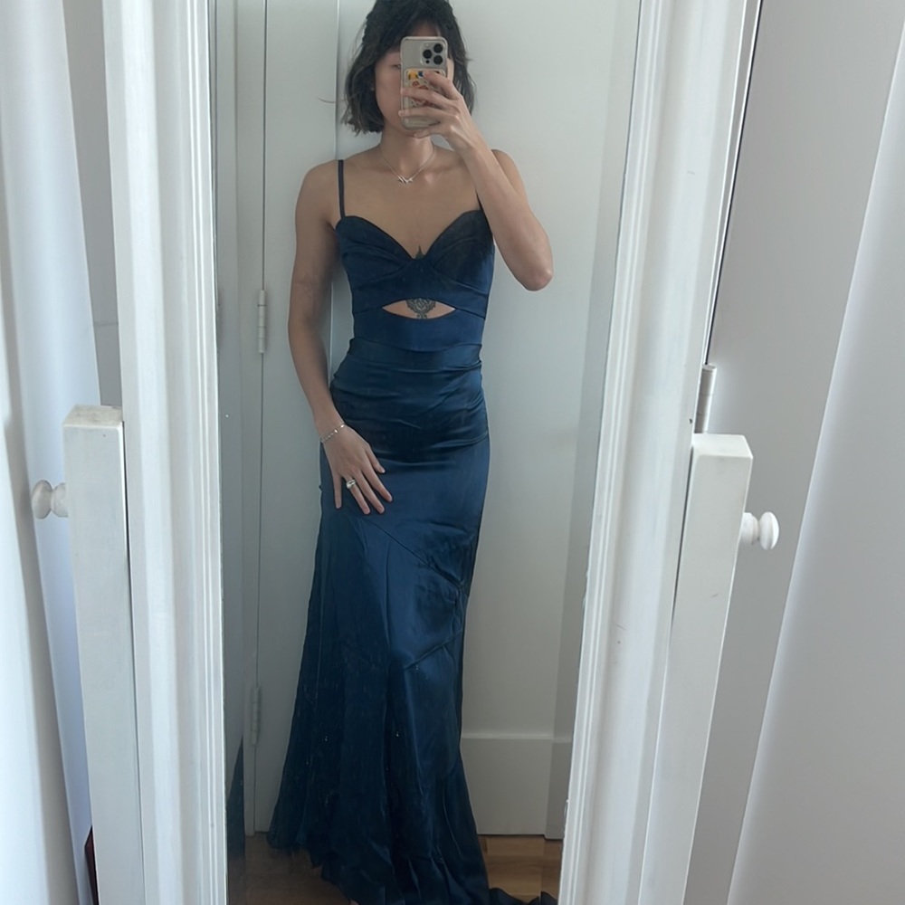 SET michael lo sordo silk navy cut out high slit crop top skirt set